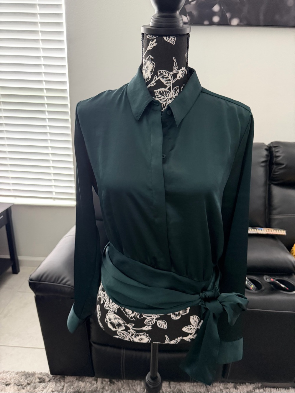 Express Dark Green Satin Button-Down Wrap Blouse